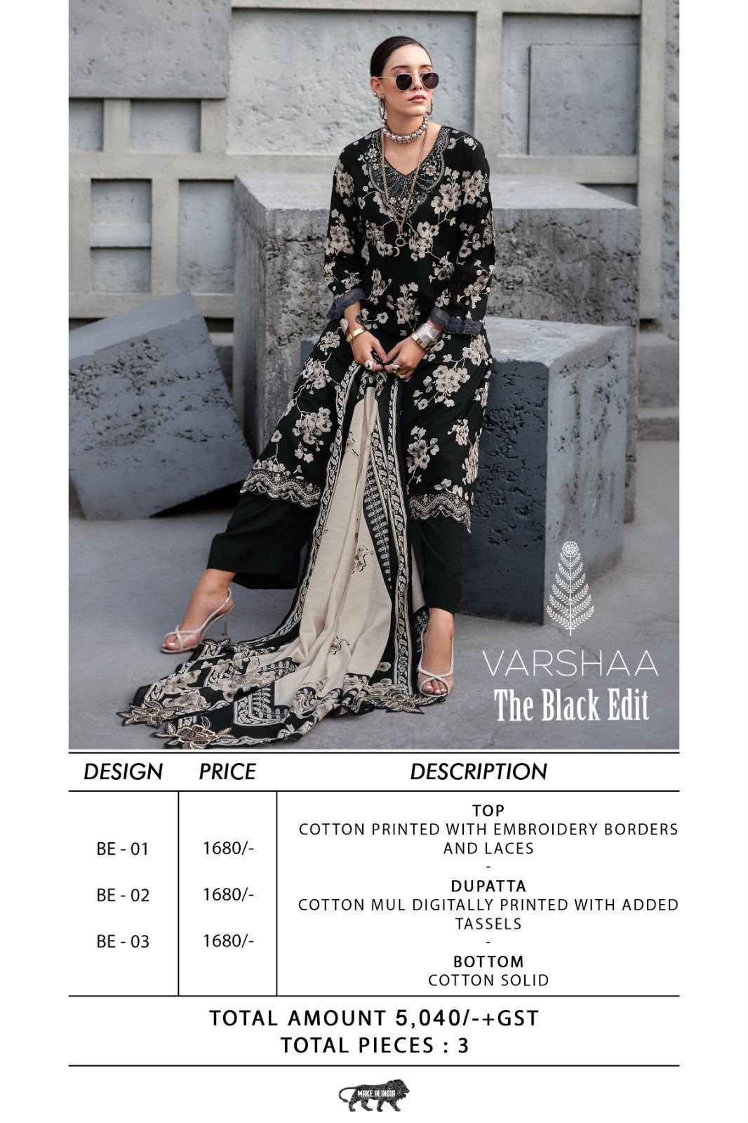 Varshaa The Black Edit Cotton Dress Material 3 pcs Catalogue