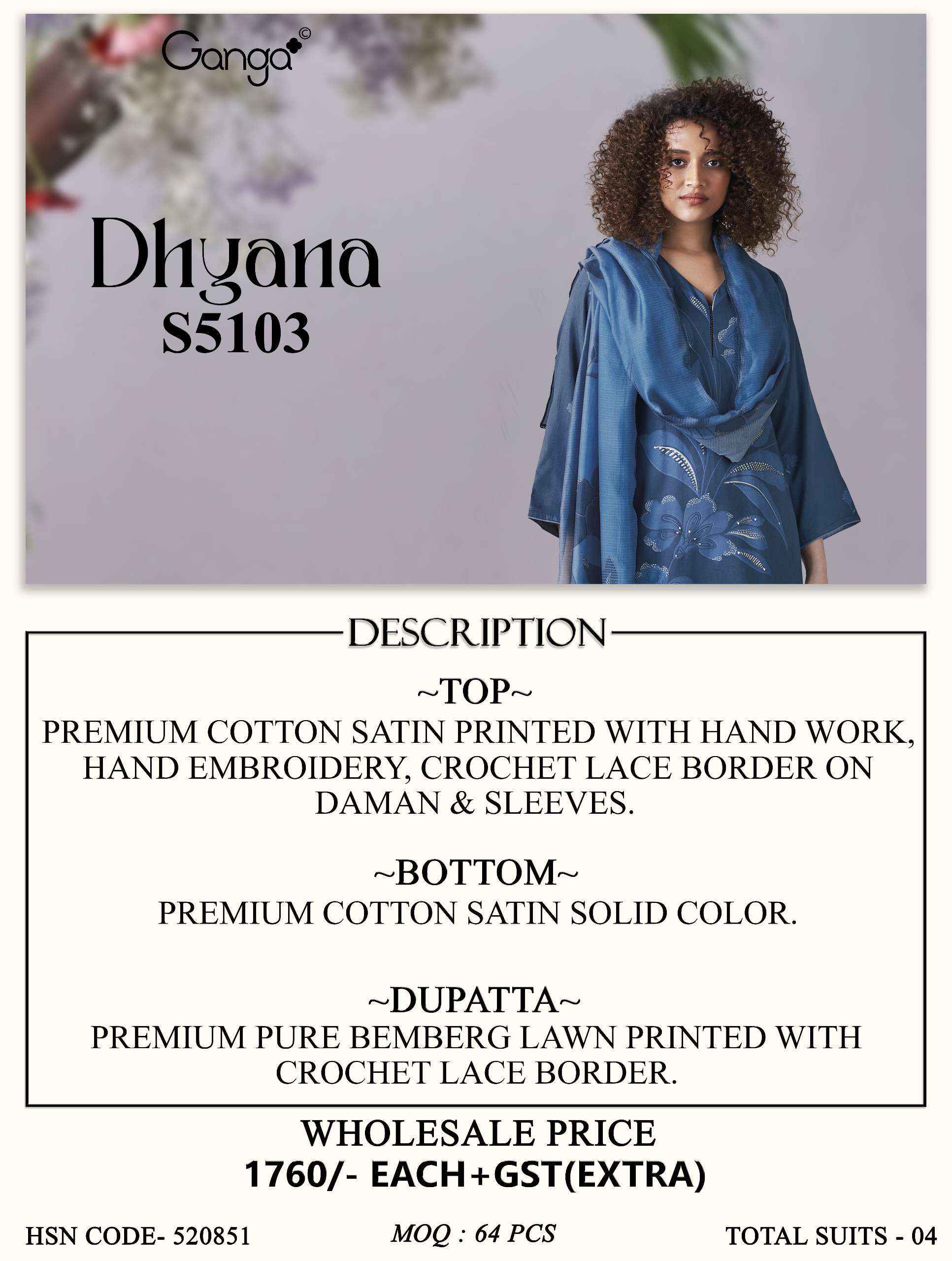 Ganga Dhyana 5103 Satin Cotton Dress Material 4 pcs Catalogue