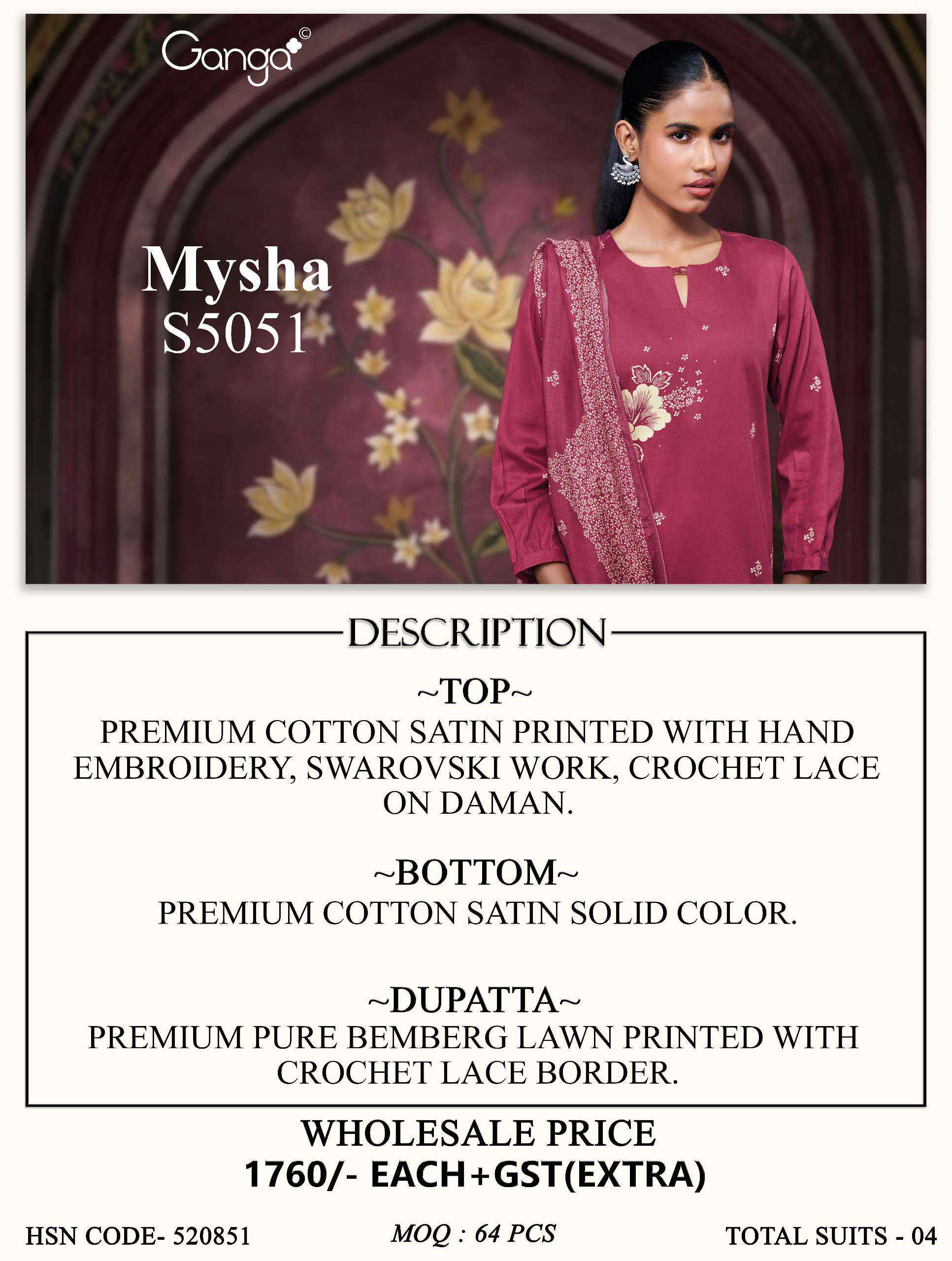 Ganga Mysha 5051 Satin Cotton Dress Material 4 pcs Catalogue
