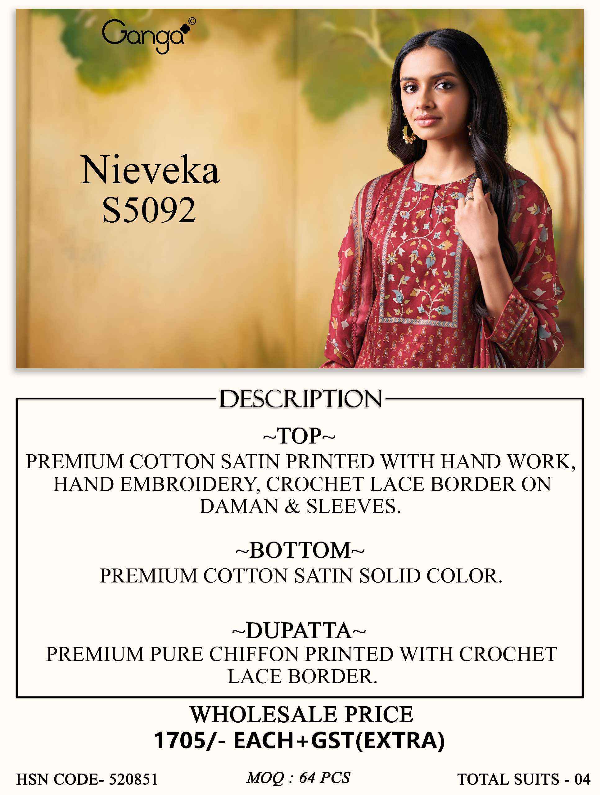 Ganga Nieveka 5092 Satin Cotton Dress Material 4 pcs Catalogue
