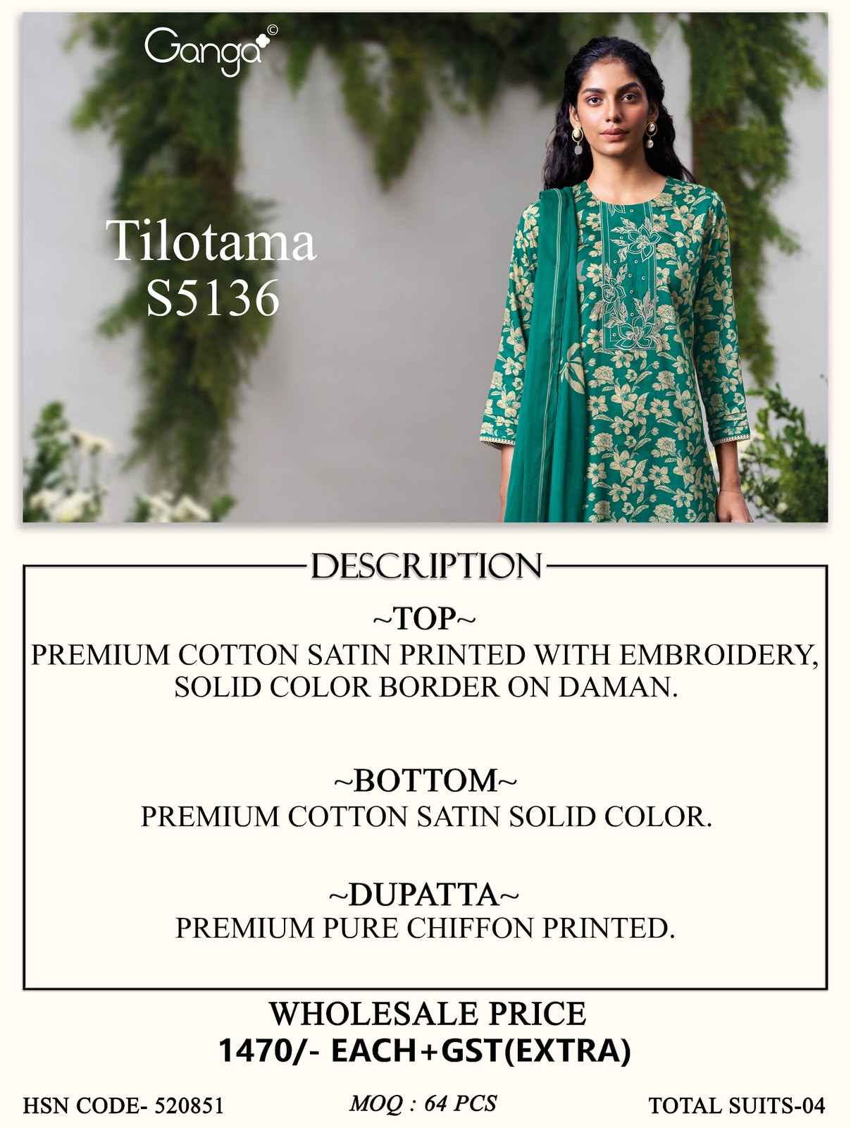 Ganga Tilotama 5136 Satin Cotton Dress Material 4 pcs Catalogue