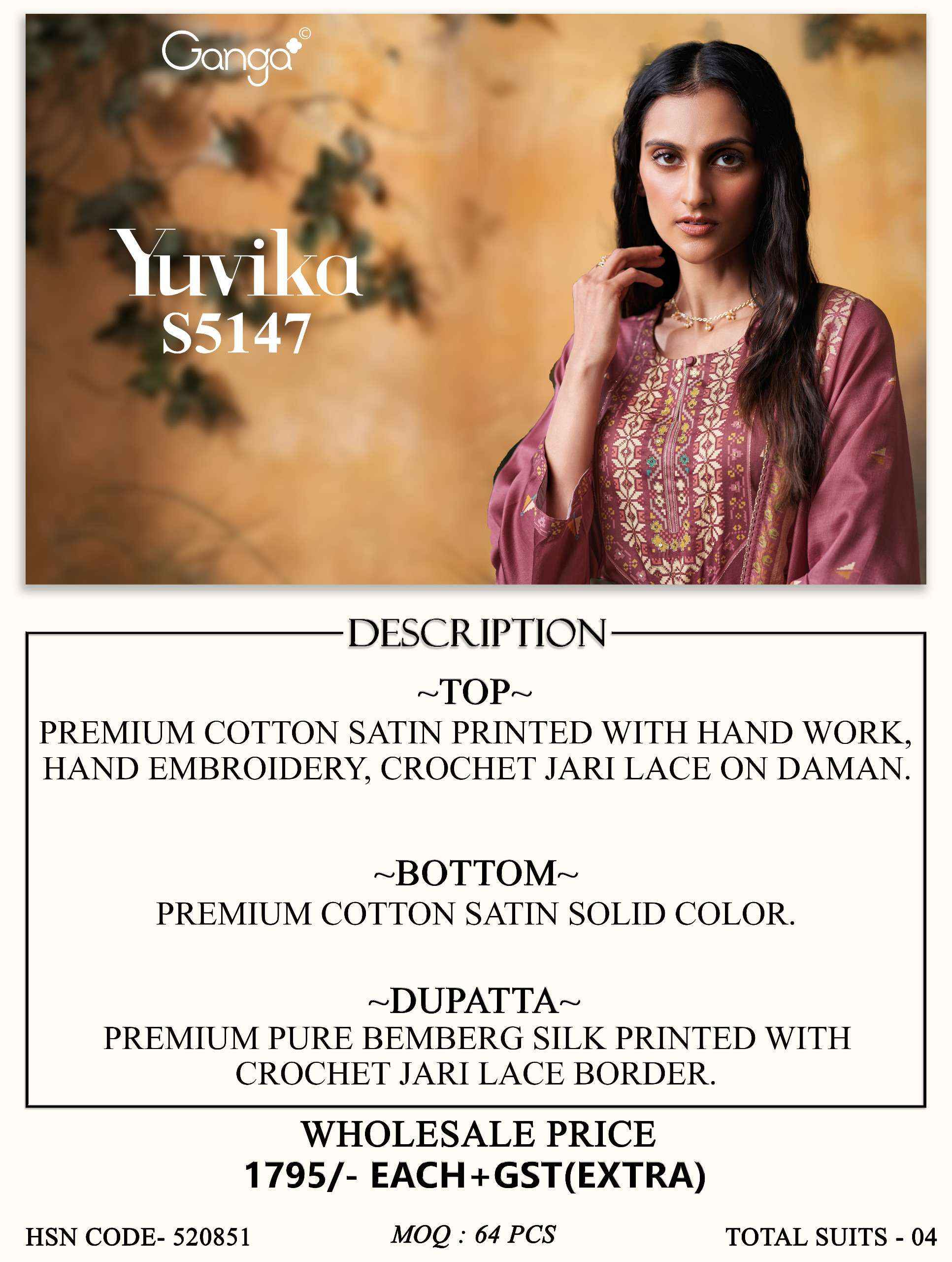 Ganga Yuvika 5147 Satin Cotton Dress Material 4 pcs Catalogue