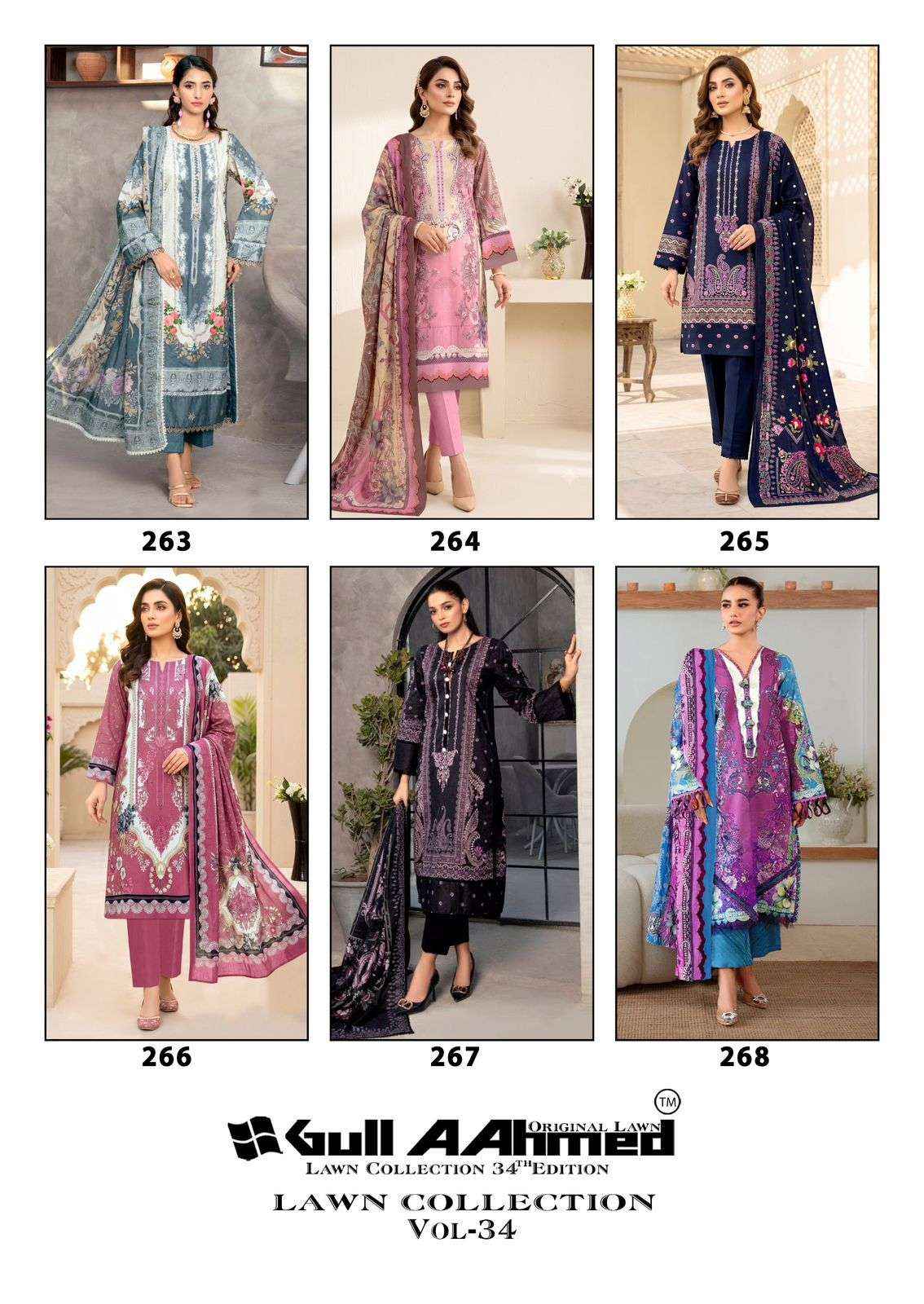 Gull Ahmed Lawn Collection Vol 34 Cambric Cotton Dress Material 6 Pc Catalouge