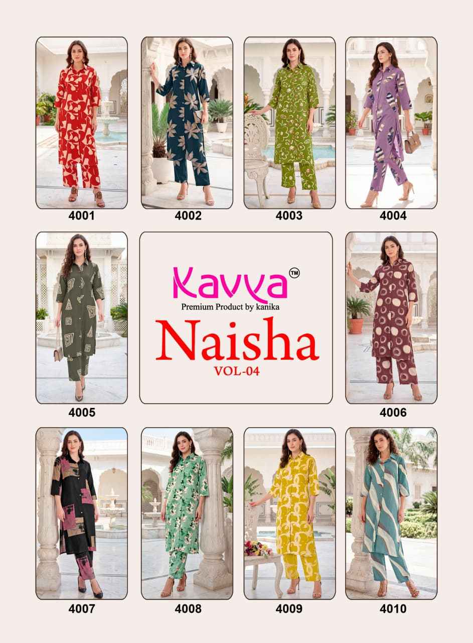 Kavya Naisha Vol 4 Egyptian Rayon Co Ord Set 10 pcs Catalogue