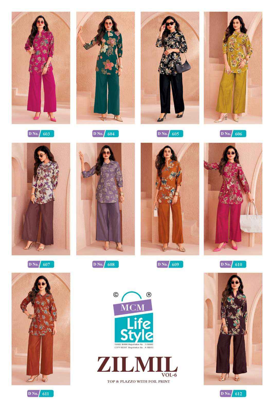 MCM Lifestyle Zilmil Vol 6 Vertican Top With Plazzo 10 pcs Catalogue