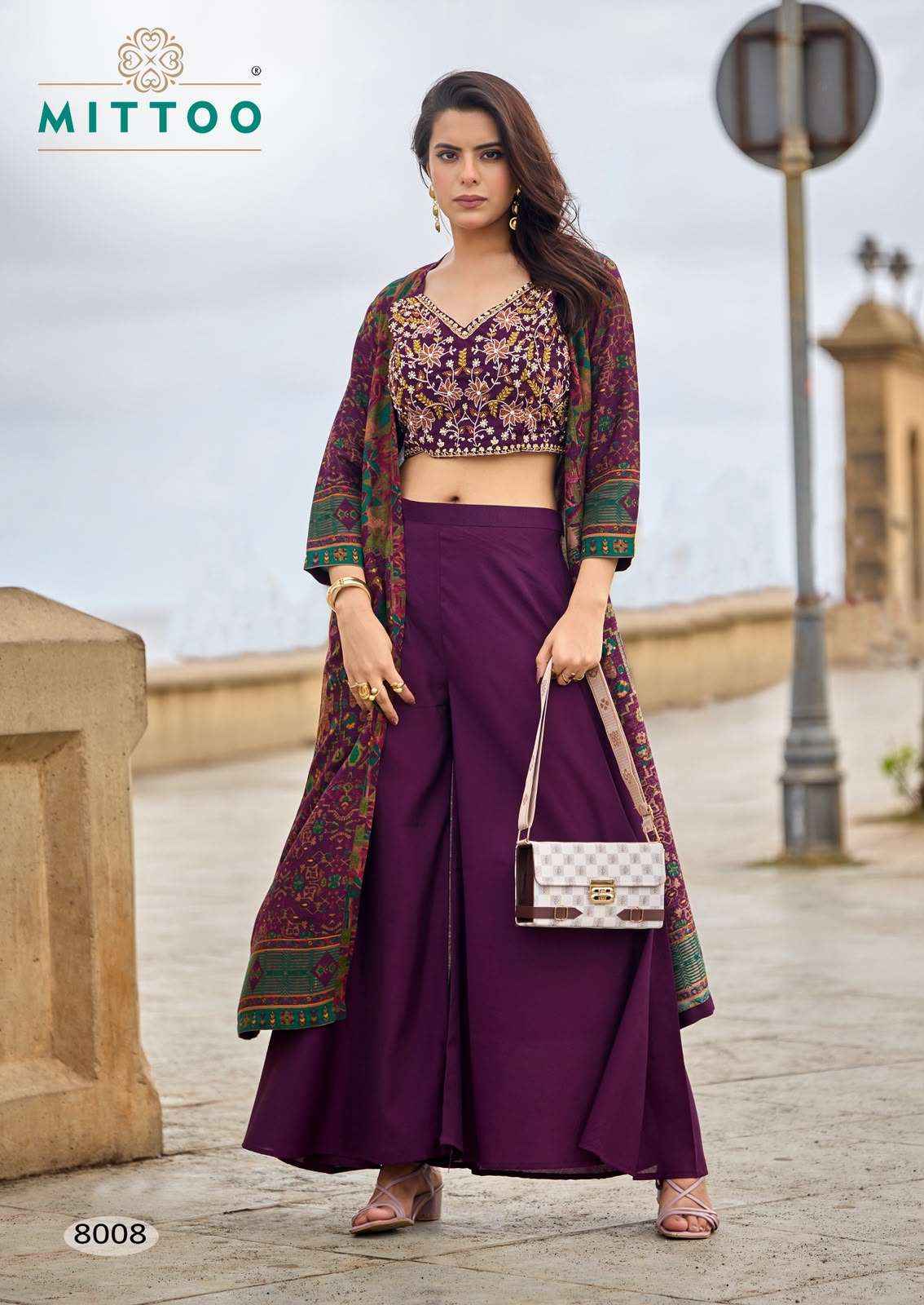 Mittoo Zubeda Vol 2 Roman Silk Weastern Top & Bottom With Shrug 4 pcs Catalogue