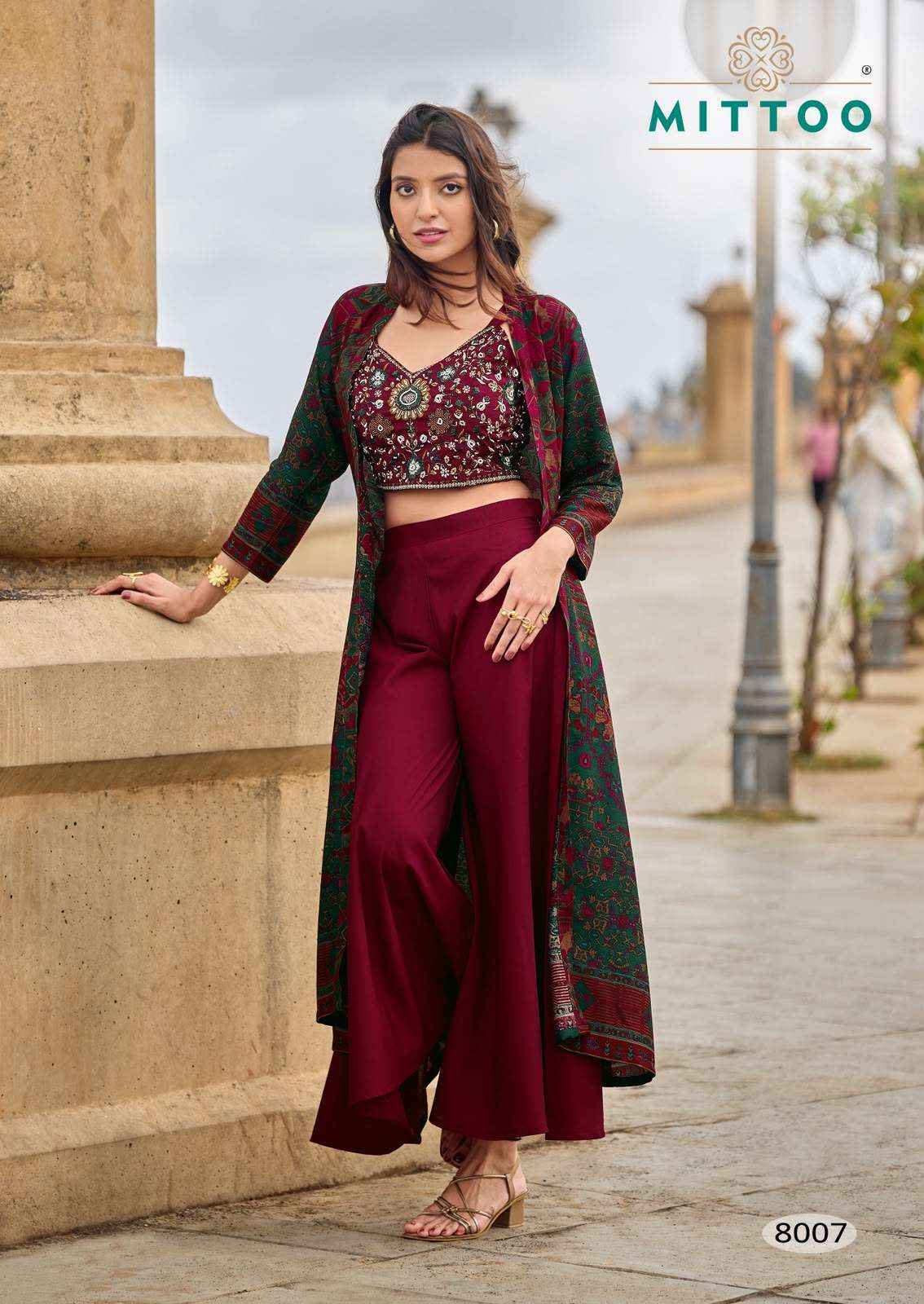Mittoo Zubeda Vol 2 Roman Silk Weastern Top & Bottom With Shrug 4 pcs Catalogue
