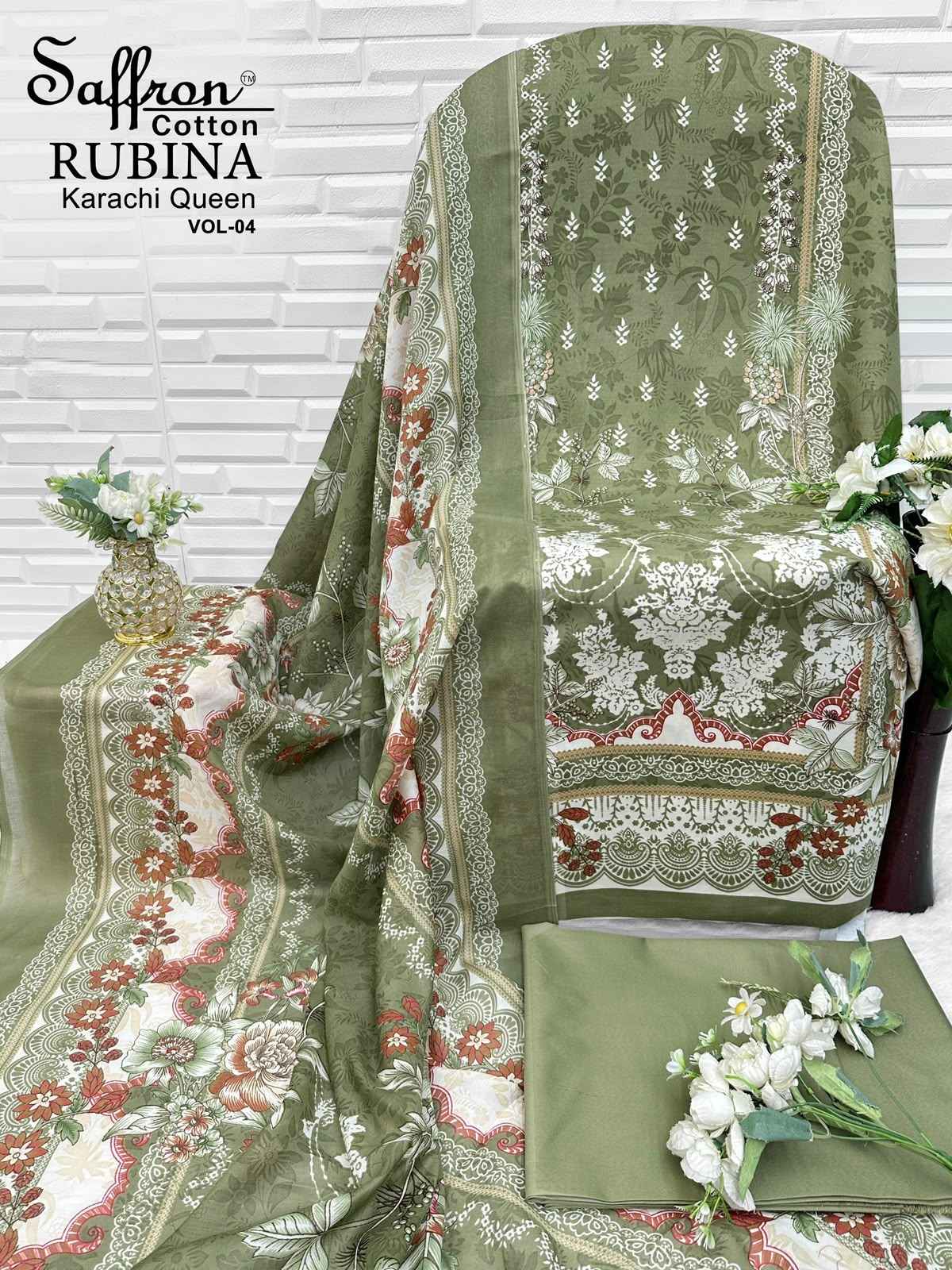 Saffron Cotton Rabiya Karachi Queen Vol 4 Cotton Dress Material 8 pcs Catalogue