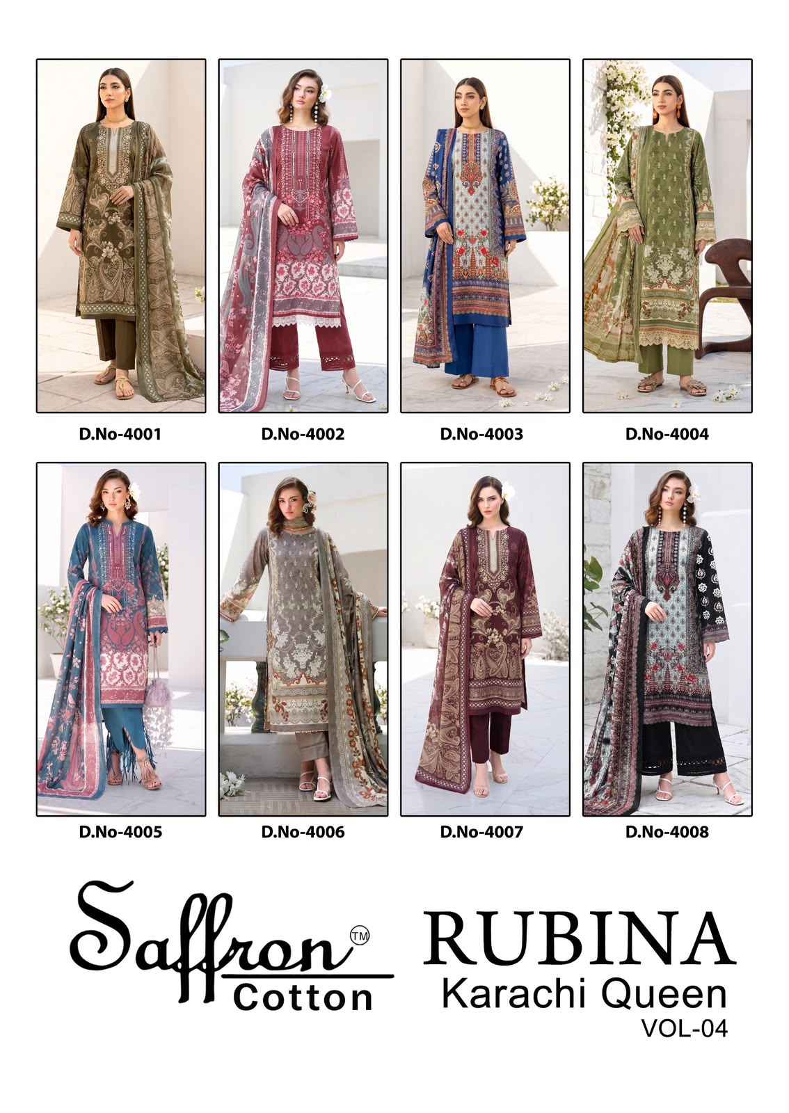 Saffron Cotton Rabiya Karachi Queen Vol 4 Cotton Dress Material 8 pcs Catalogue