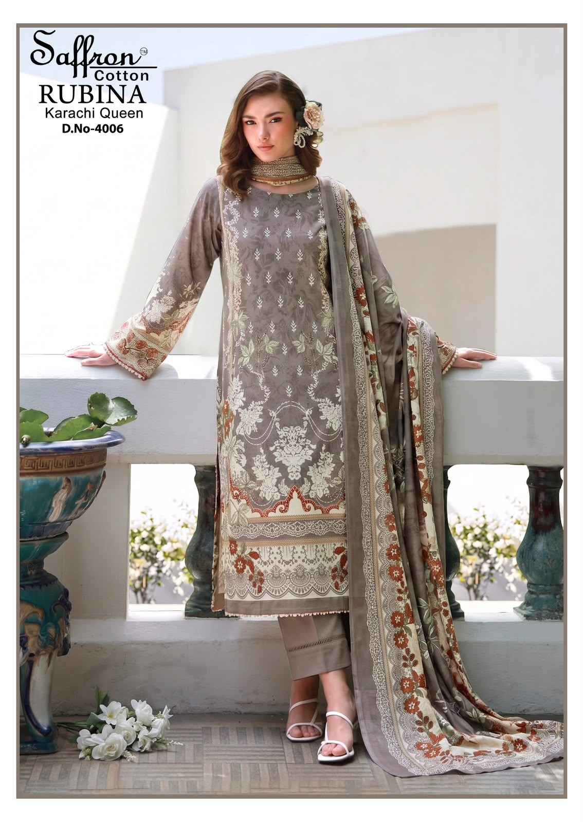 Saffron Cotton Rabiya Karachi Queen Vol 4 Cotton Dress Material 8 pcs Catalogue