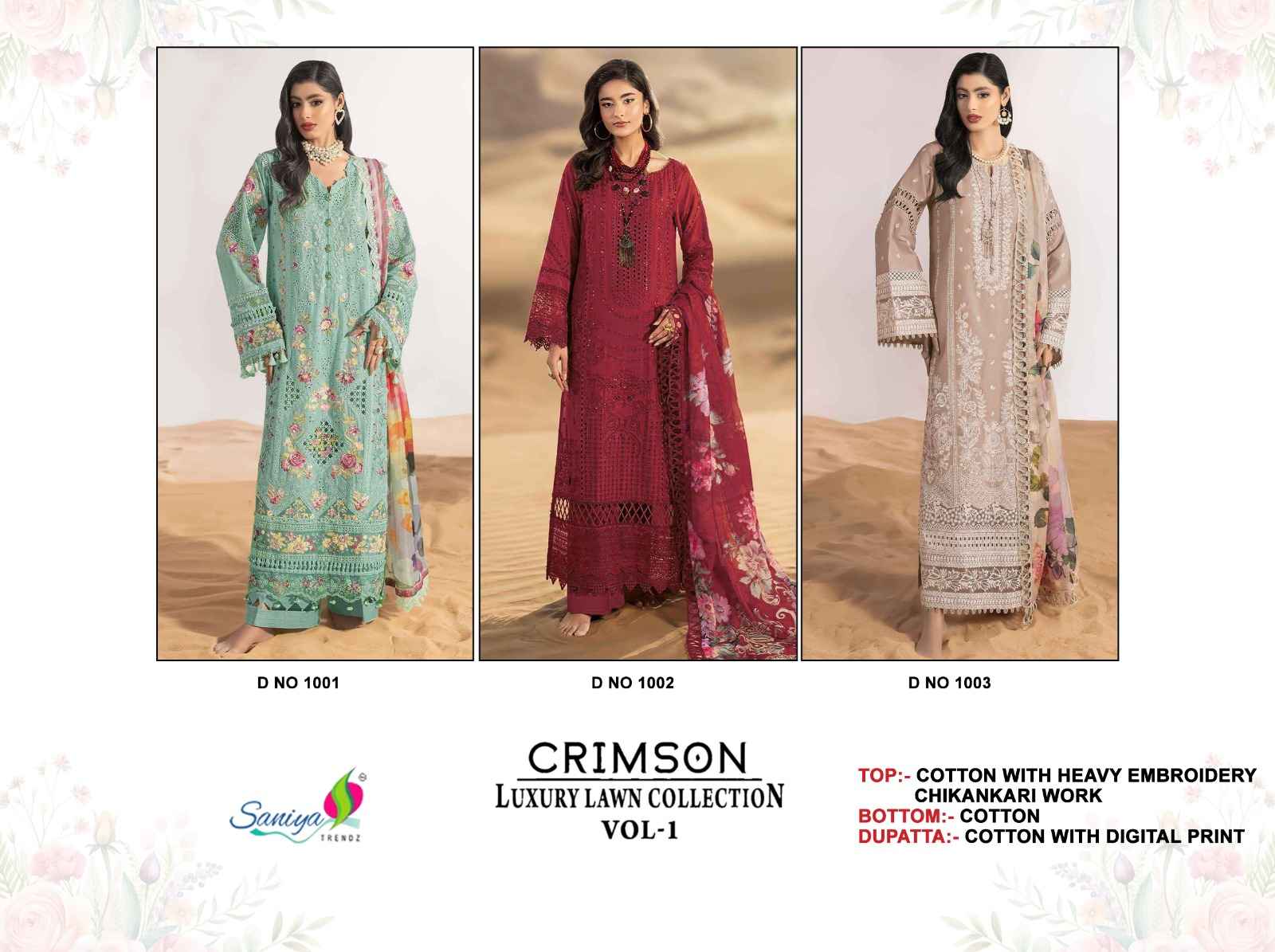 Saniya Trendz Crimson Luxury Lawn Colletion Vol 1 Cotton Dress Material