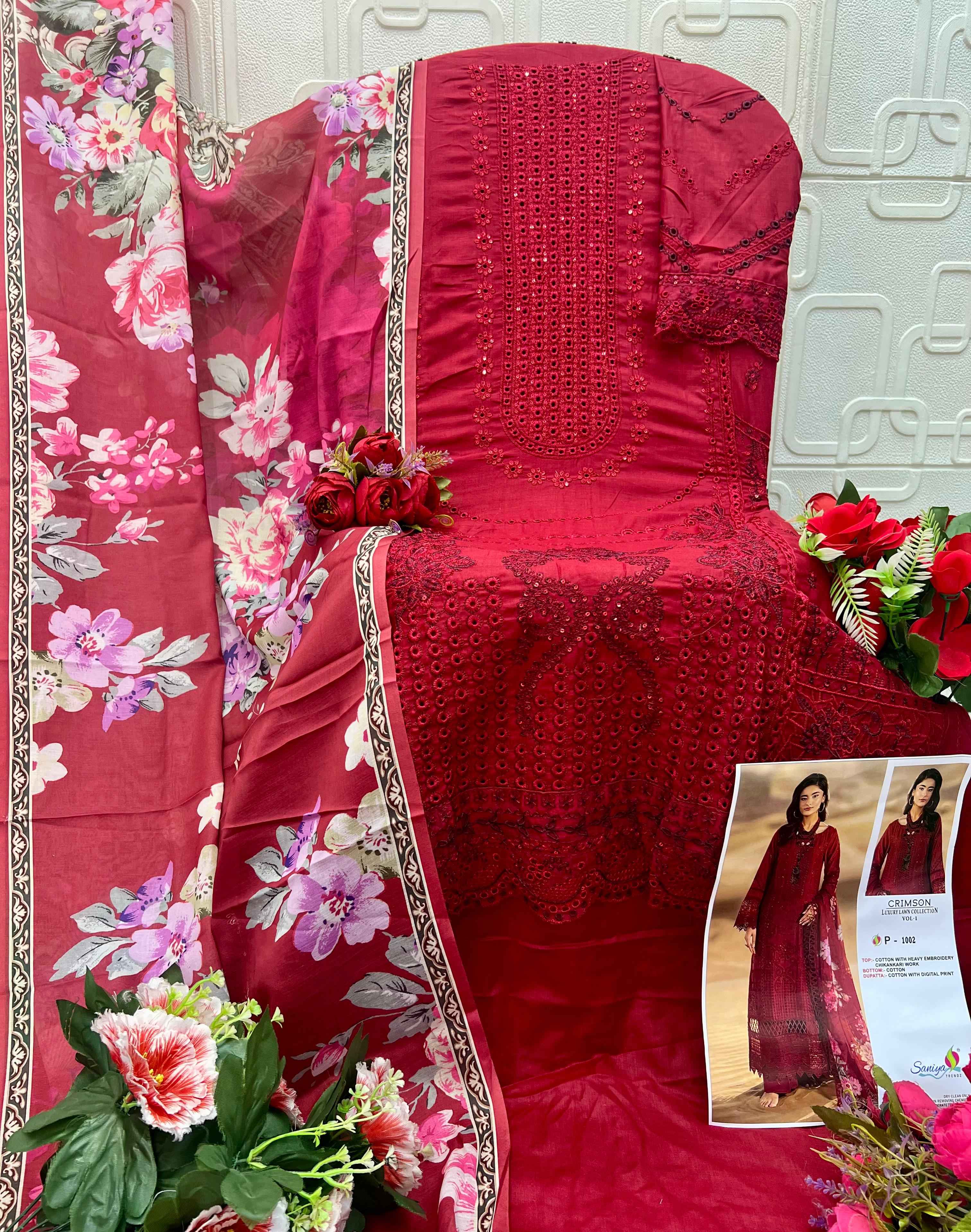 Saniya Trendz Crimson Luxury Lawn Colletion Vol 1 Cotton Dress Material