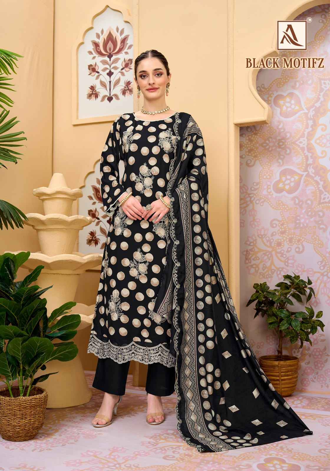 Alok Black Motifz Viscose Reyon Dress Material 6 pcs Catalogue