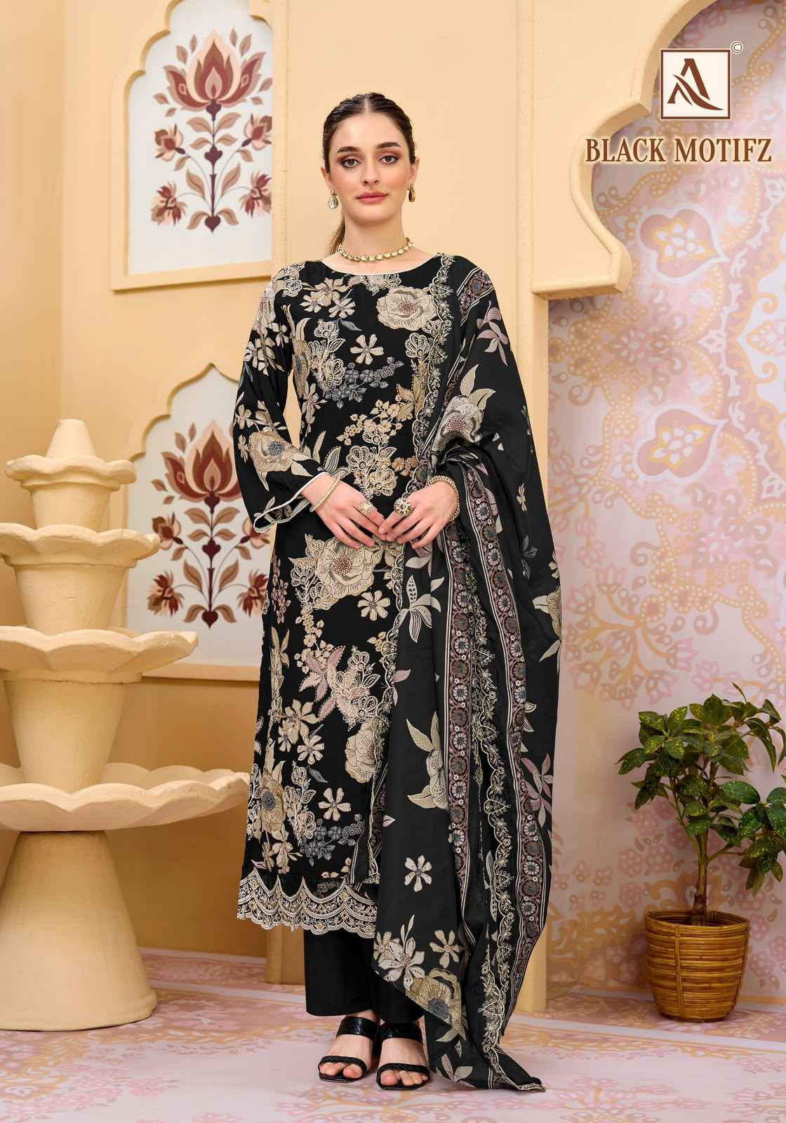 Alok Black Motifz Viscose Reyon Dress Material 6 pcs Catalogue