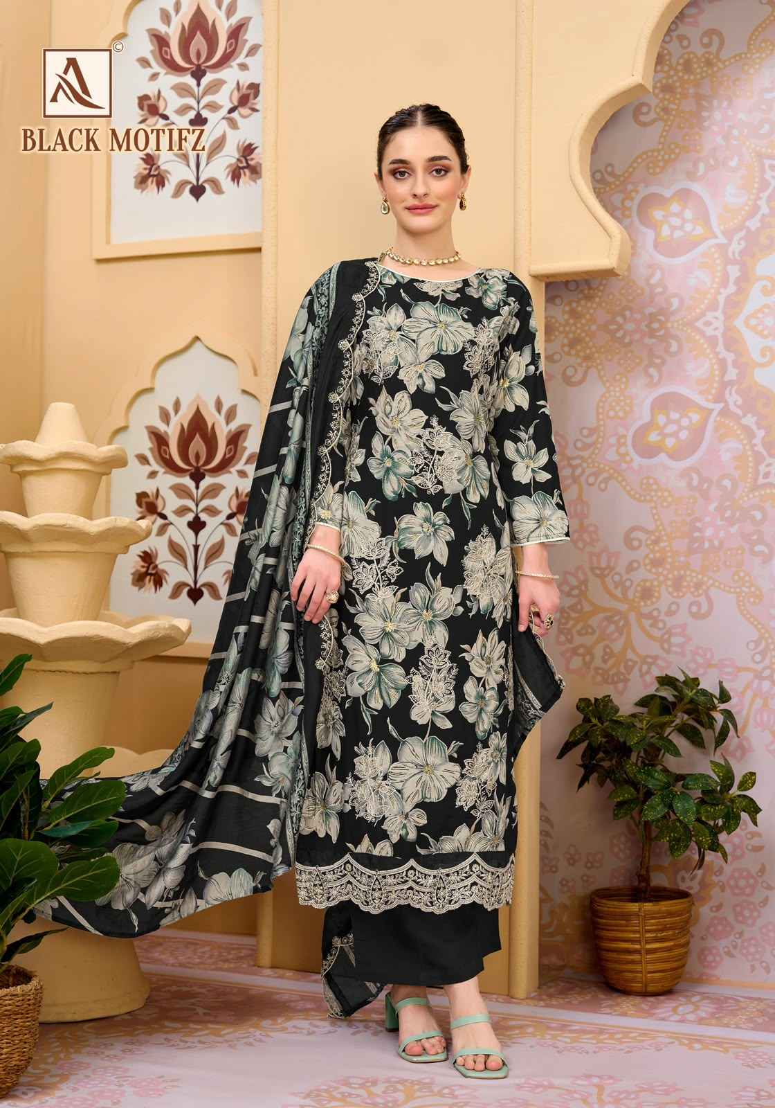Alok Black Motifz Viscose Reyon Dress Material 6 pcs Catalogue