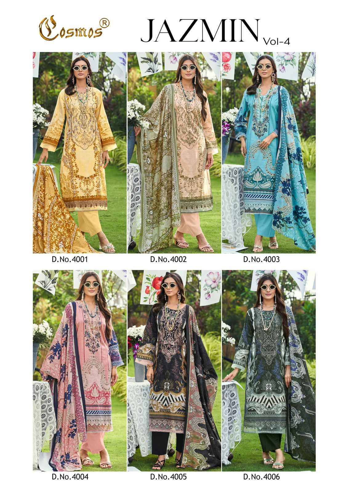 Cosmos Jazmin Vol 4 Lawn Cotton Dress Material 6 pcs Catalogue