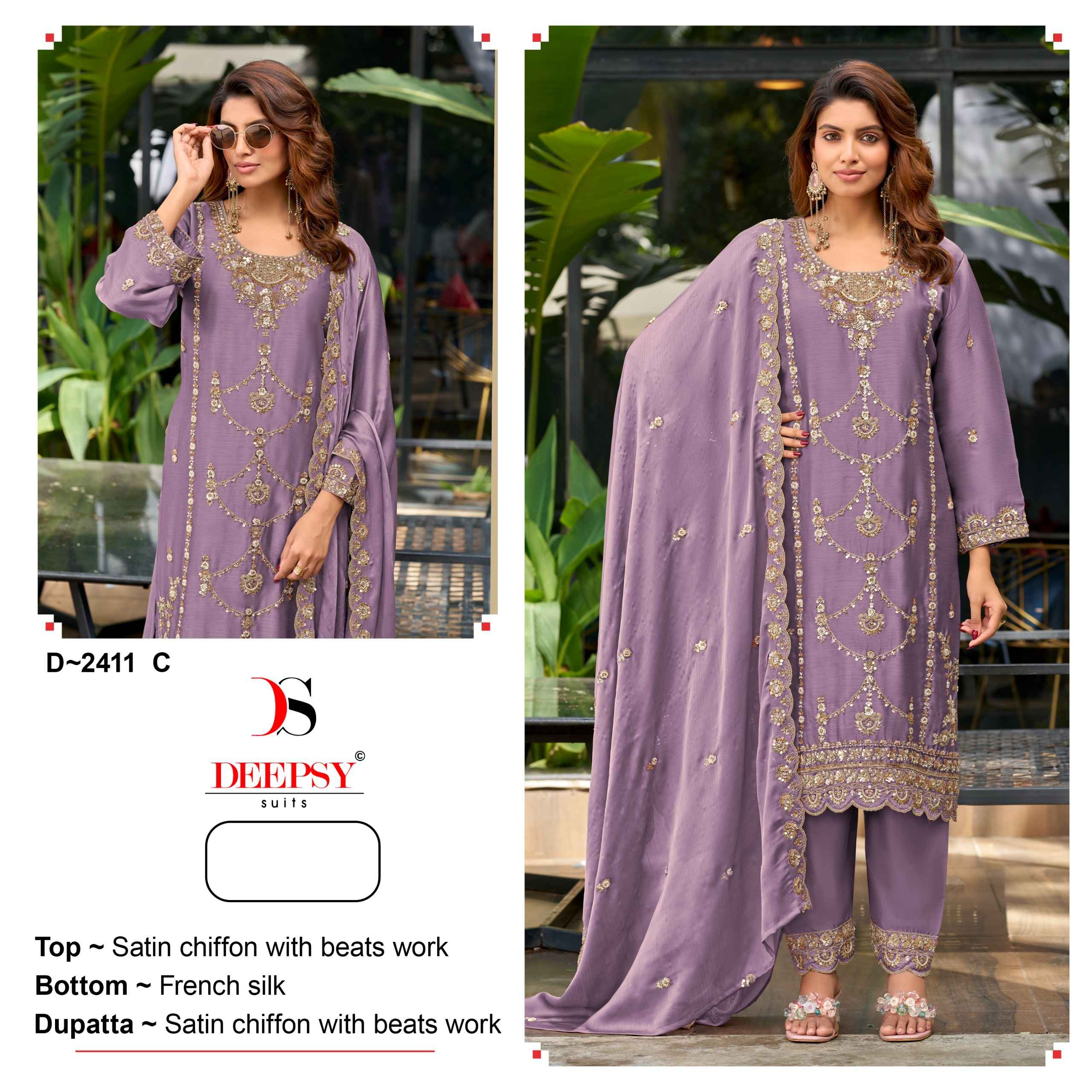 Deepsy D No 2411 Satin Chiffon Dress Material 4 pcs Catalogue