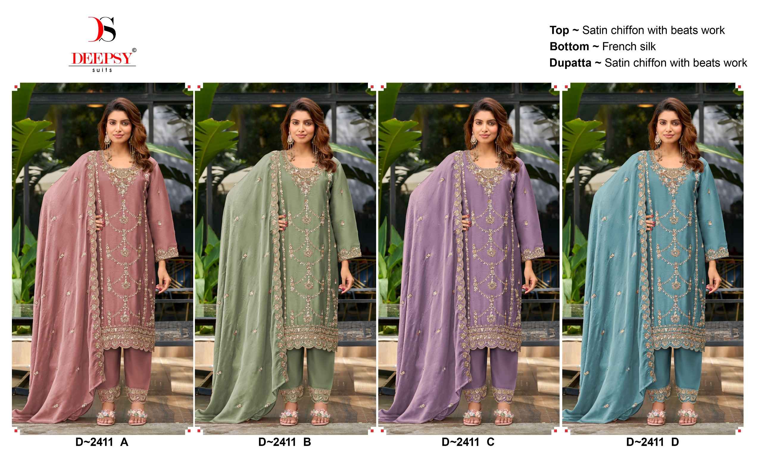 Deepsy D No 2411 Satin Chiffon Dress Material 4 pcs Catalogue
