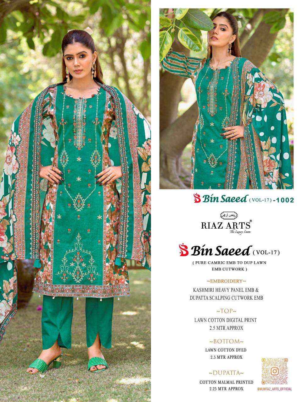 Riaz Arts Bin Saeed Vol 17 Lawn Cotton Dress Material 6 pcs Catalogue