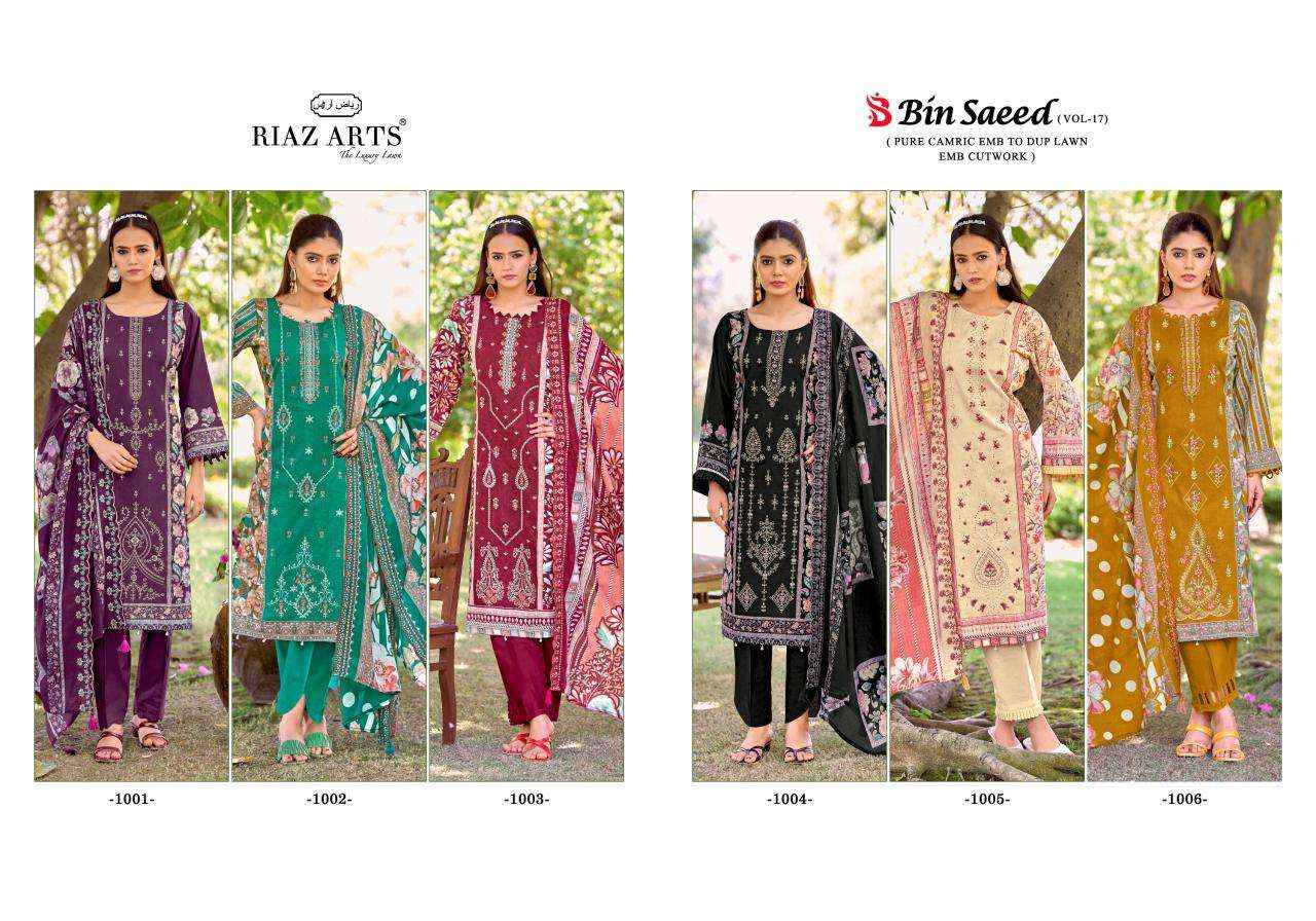 Riaz Arts Bin Saeed Vol 17 Lawn Cotton Dress Material 6 pcs Catalogue