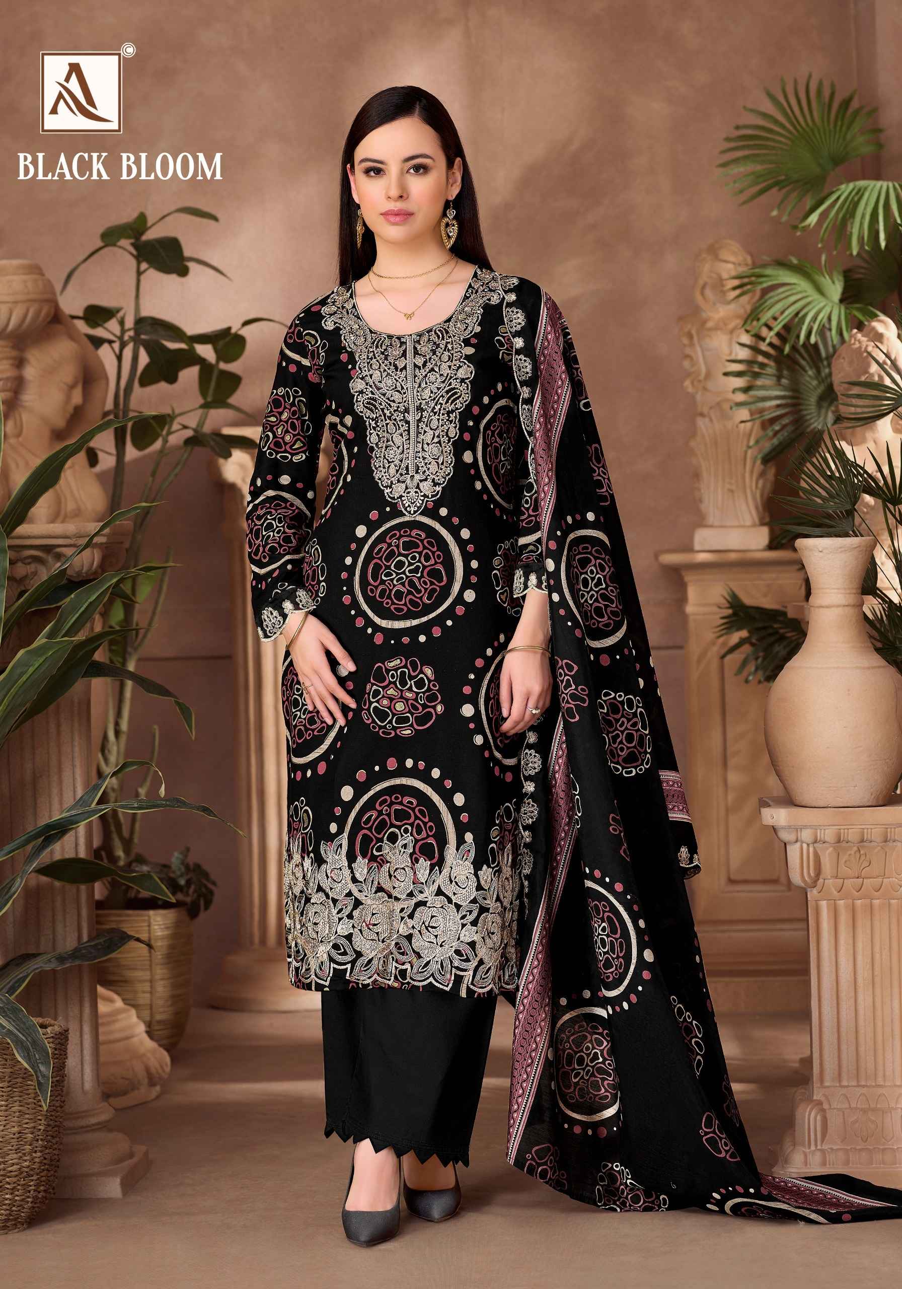 Alok Black Bloom Reyon Dress Material 6 pcs Catalogue