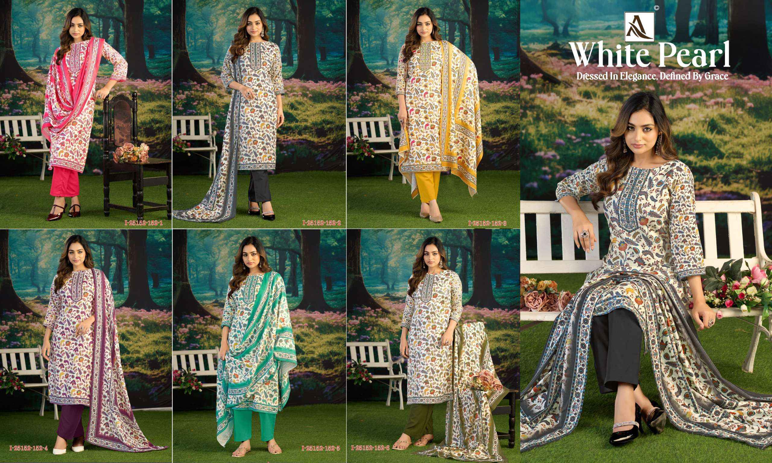 Alok White Pearl Pashmina Dress Material 6 pcs Catalogue