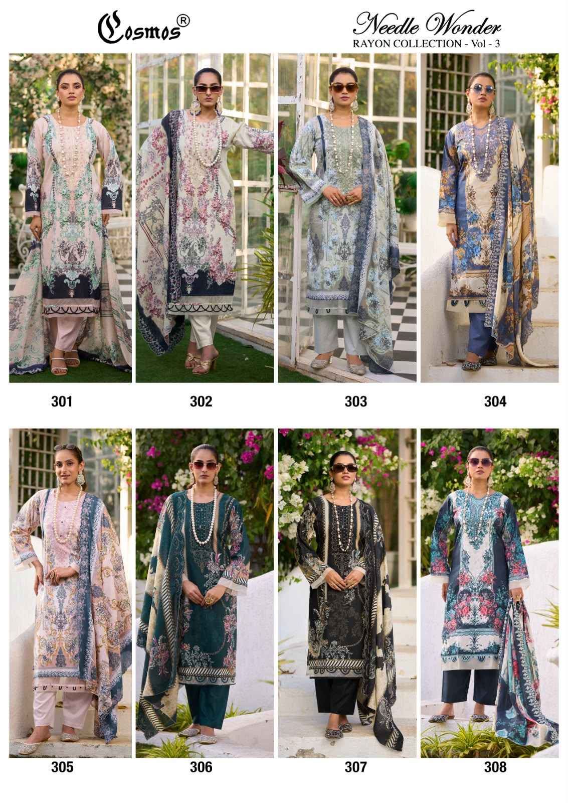 Cosmos Needle Wonder Rayon Vol 3 Rayon Dress Material 8 pcs Catalogue