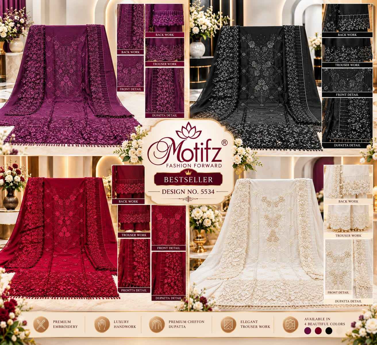 Motifz D No 5534 Siffon Dress Material 4 pcs Catalogue