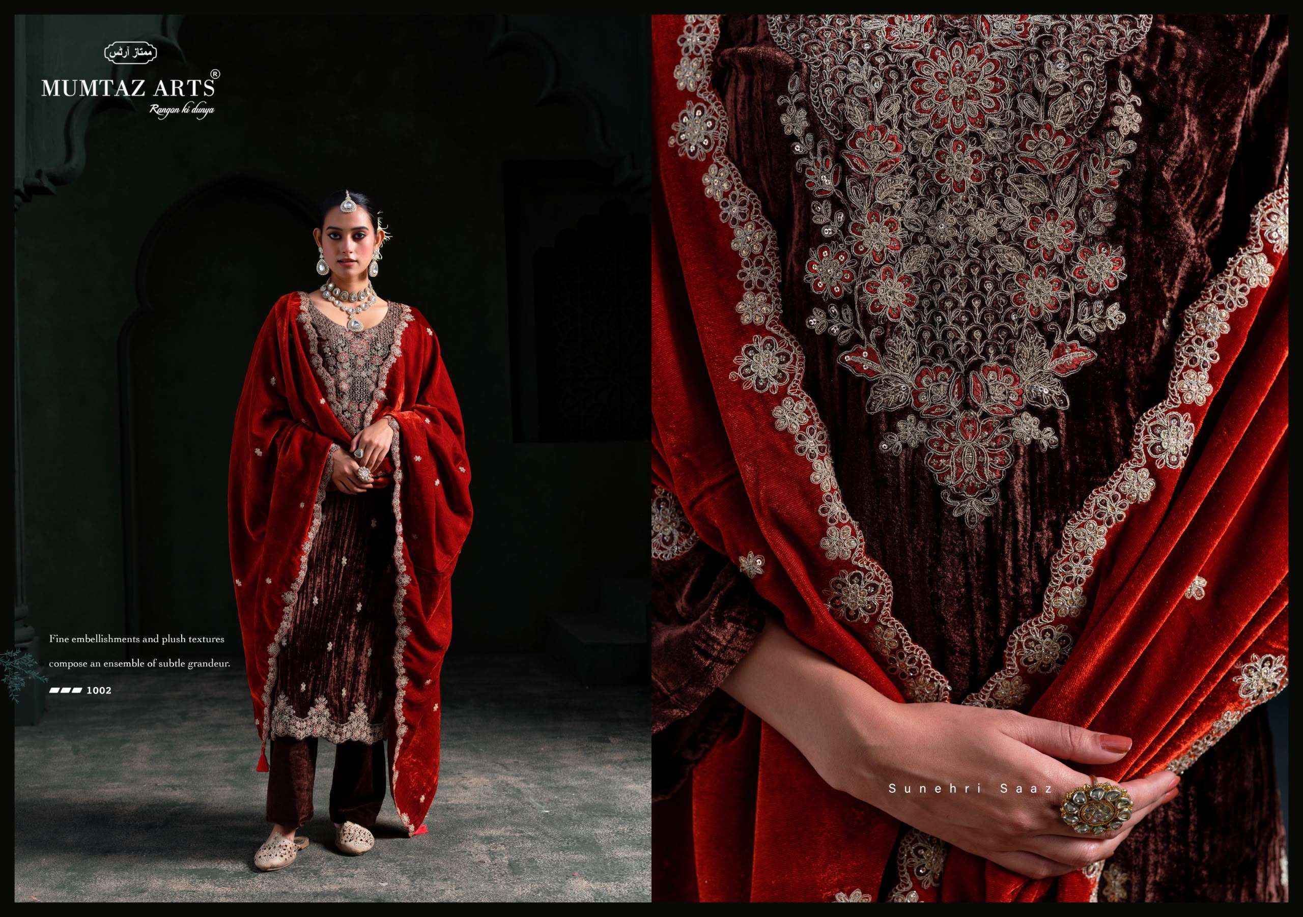 Mumtaz Arts Mehroon Velvet Dress Material 5 pcs Catalogue
