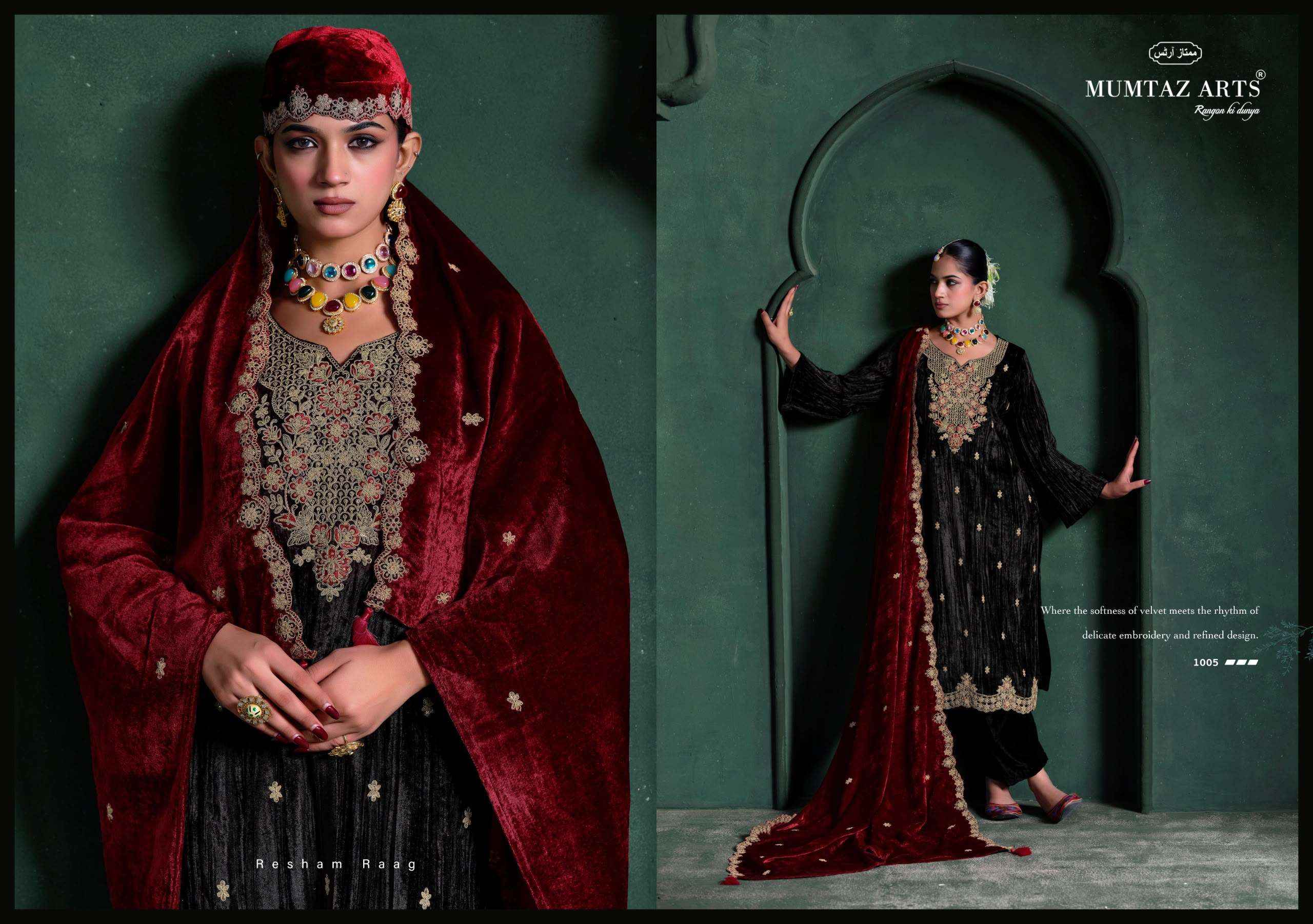 Mumtaz Arts Mehroon Velvet Dress Material 5 pcs Catalogue